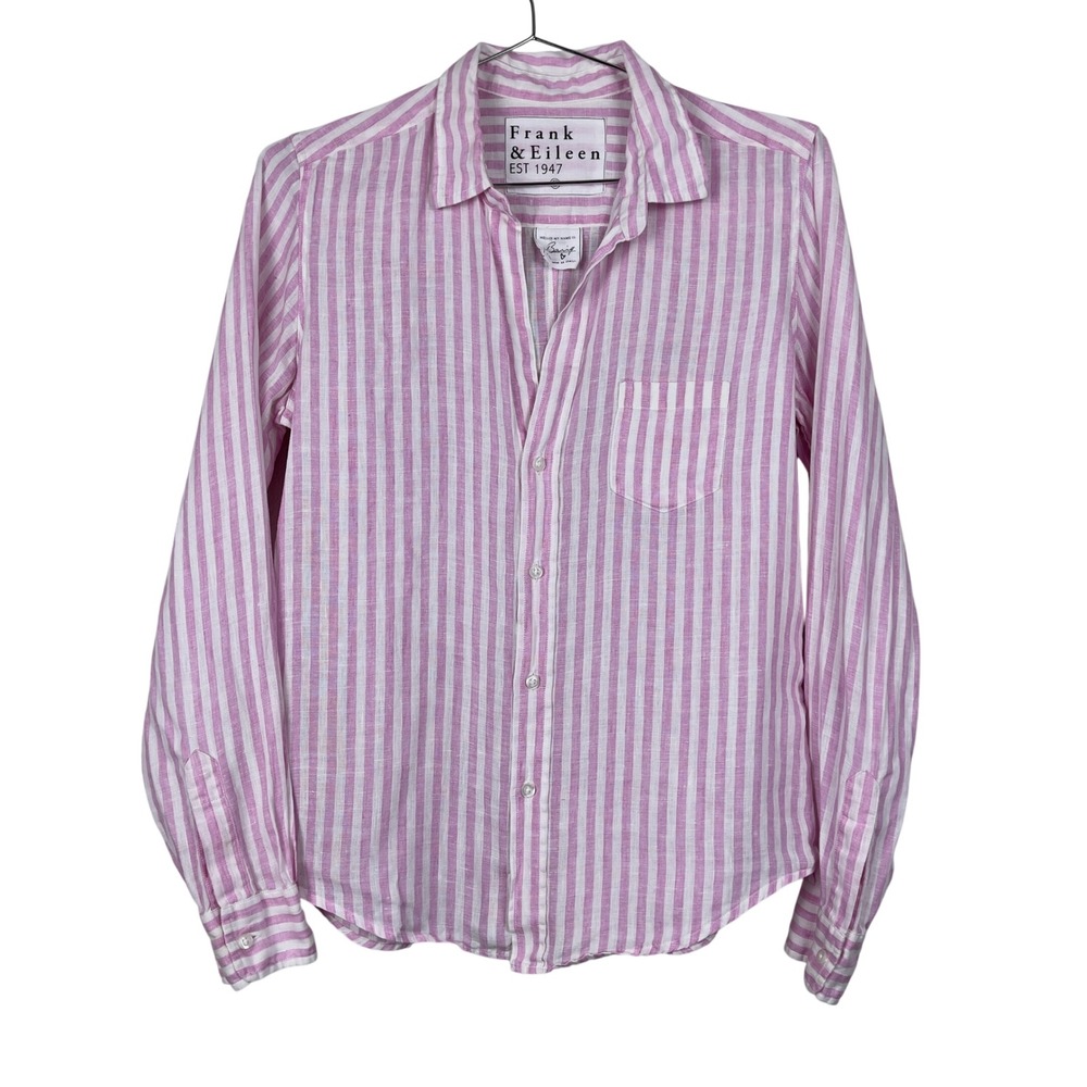 Frank & Eileen Barry Button Up‎ Shirt Pink White Stripe Linen Small Coastal